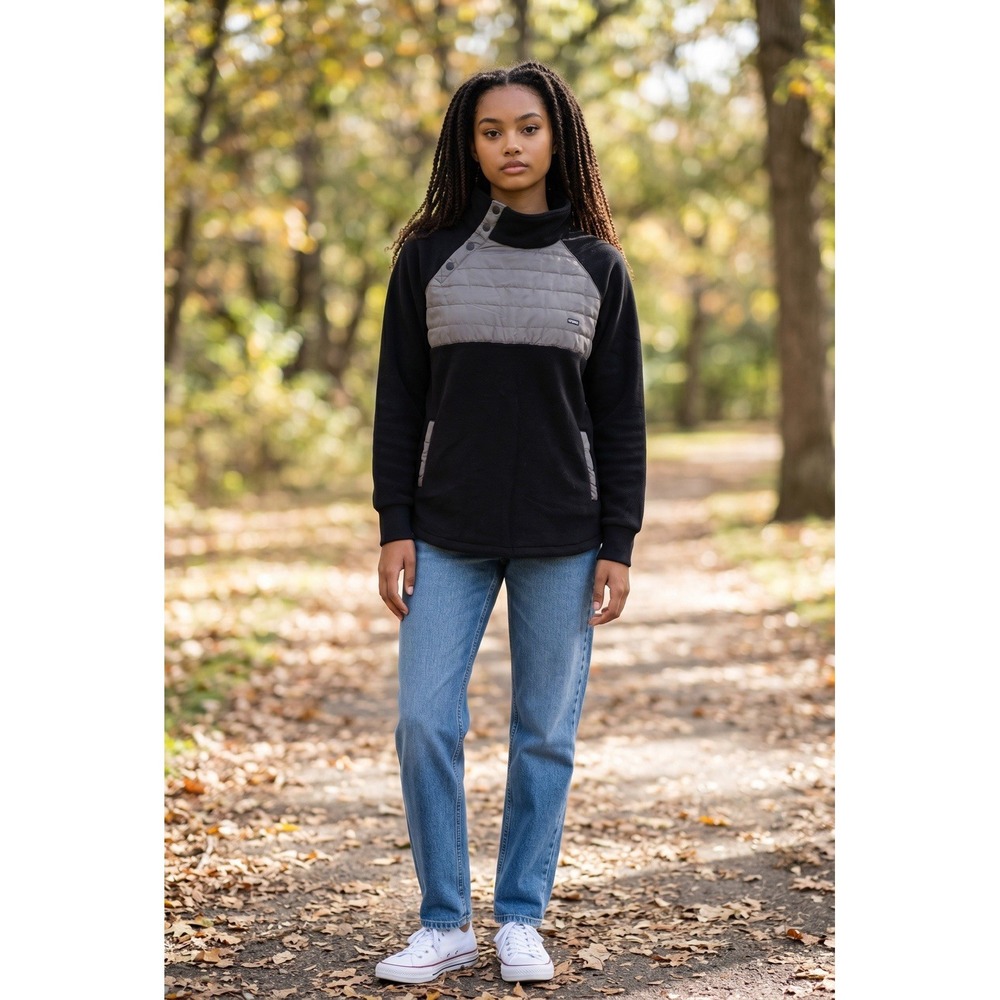 Flag Nor Fail Quilted Fleece Pullover Sweater Top WOMENS Size LARGE BLACK GRAY